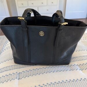 Tory Burch Black Pebbled Leather Tote with Gold Hardware